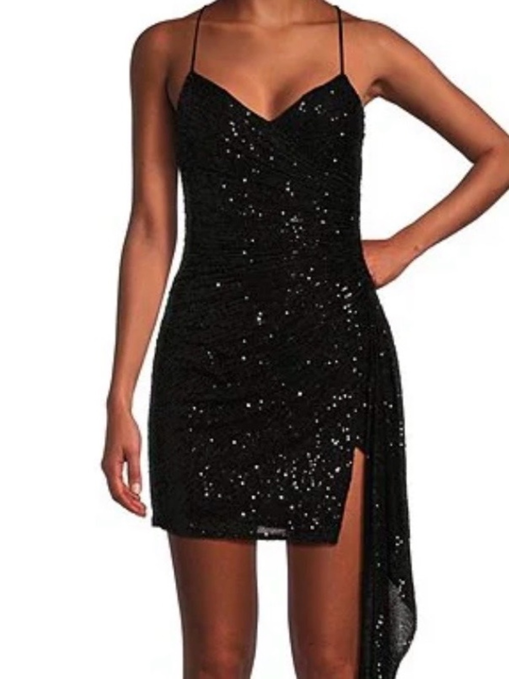 NWT Gianni Bini Black Sequin Ruched Asymmetrical Mini Dress Size 11